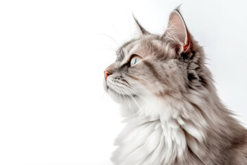 Fototapeta premium Portrait Of Cat Himalayan In Profile On White Background. Empty Space. Generative AI