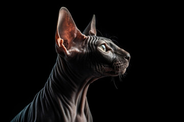 Portrait Of Cat Sphynx In Profile On Black Matte Background. Generative AI