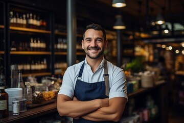 Cheerful Male Store Owner at Cafe or Grocery with Arms Crossed. AI