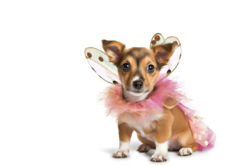 Puppy In Fairy Costume On White Background. Empty Space. Generative AI