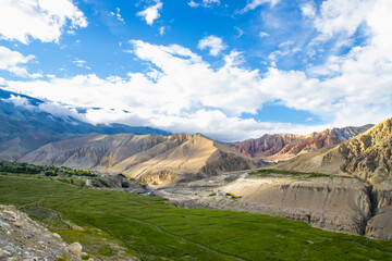 Beautiful Sunset in the Desert Canyon and Green Desert of Ghami Village in Upper Mustang, Nepal