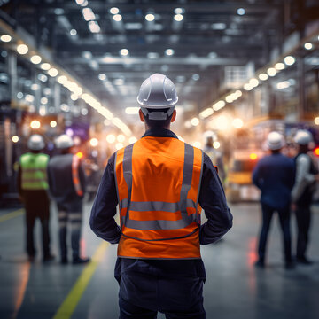 Worker In Uniform At Work. View From Behind On A Occupational Health And Safety Worker In Personal Protective Equipment Looking At The Production Hall And His Coworkers.