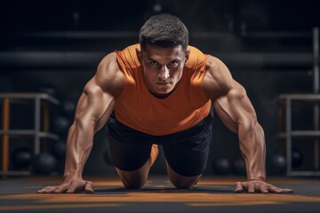 Caucasian sportsmen making pushups, Concept of dedication and determination of athletes during...