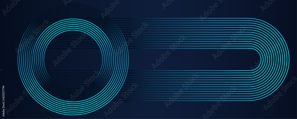 Aufkleber Futuristic technology concept with shiny geometric stripes lines. Modern abstract background with circles and glowing blue rounded rectangle lines isolated on on dark blue background. Vector 