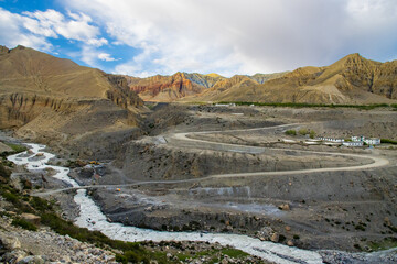Beautiful Desert Canyon and Farmland Landscape of Ghami Village in Upper Mustang of Nepal