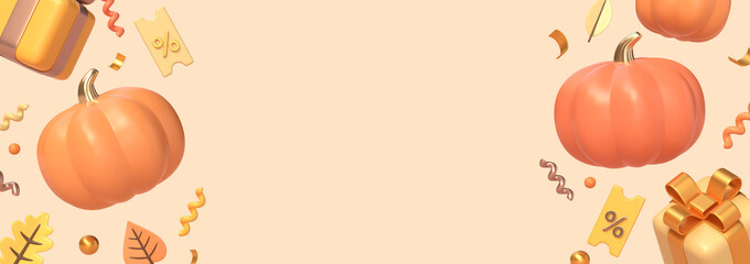 3d gift boxes, coupons, pumpkins in cartoon style. illustration for the design of an advertising banner or poster for the autumn sale. copy space. 3d rendering