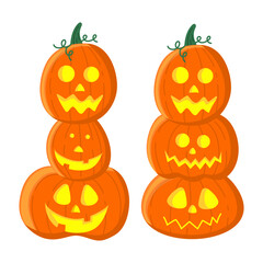 Horrible pumpkins standing on top of each other, decorations for the Halloween holiday. The composition of cute orange pumpkins for Halloween is isolated on a white background.