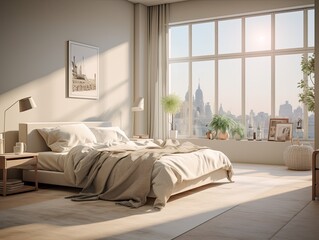 Modern minimalistic bed room with large windows, grey beige greige interior with king size bed, carpet and decor, neutral palette. 3d render illustration mockup. 