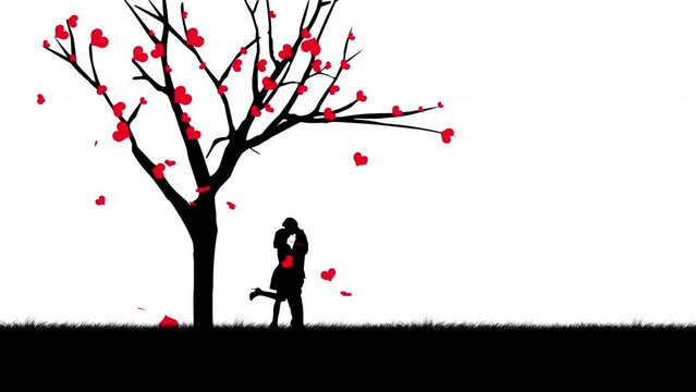 Silhouette of a couple kissing next to a love tree animation 4k video