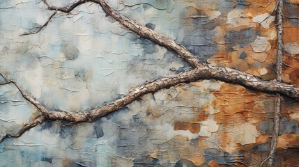  a painting of a tree branch on a painted wall with rusted paint.  generative ai