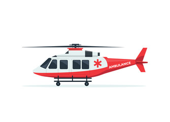 Obraz na płótnie Canvas Ambulance helicopter. Red medical evacuation helicopter. Healthcare, hospital and medical diagnostics. Urgency and emergency services. Vector illustration in flat style