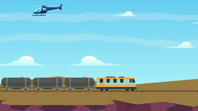 Seamless loop train pulling tanker with desert background