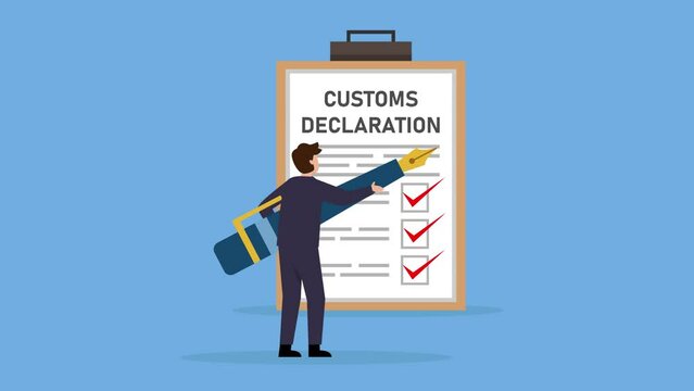 Customs Officer Characters Filling Customs Declaration and Check Passenger cartoon animation 4k video