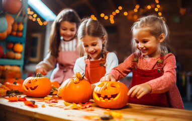 Fototapeta premium Group of children cutting pumpkins for Halloween. Concept of fun activities such as making a scary jack o lantern. Shallow field of view.