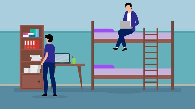 Teens living together in university dorm bedroom or hostel apartment with bunk bed cartoon animation 4k video