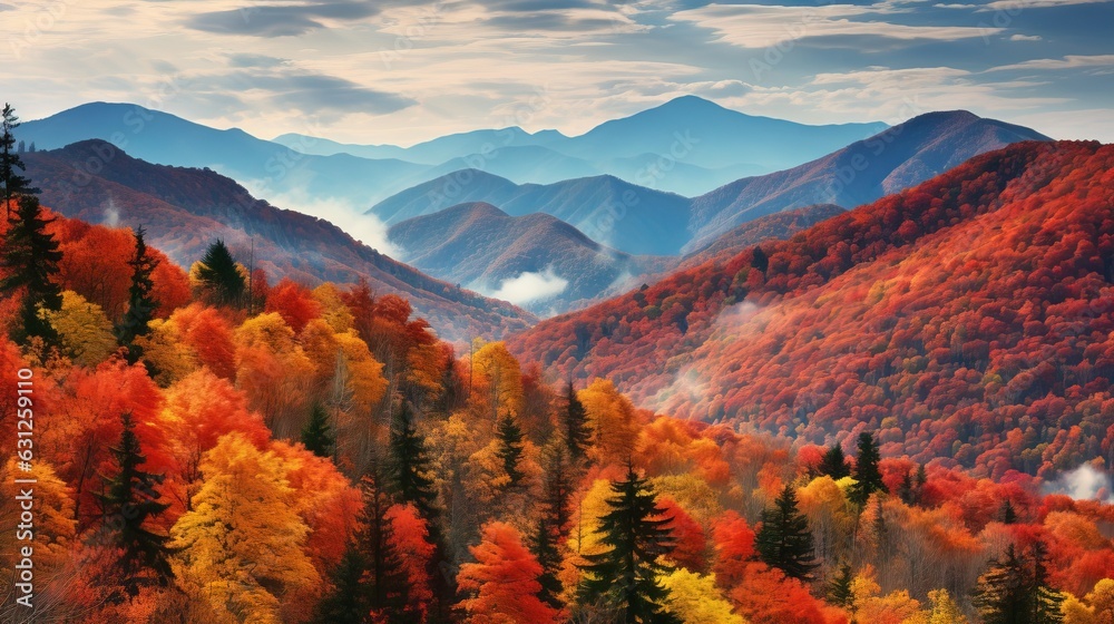 Wall mural a scenic view of a mountain range with colorful trees in the foreground. generative ai