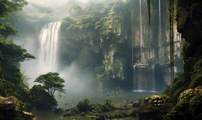  a waterfall in the middle of a jungle with trees and rocks.  generative ai