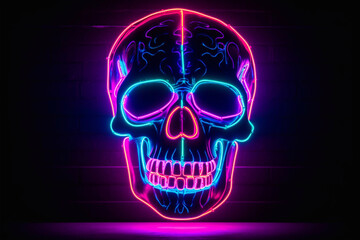 Human skull with neon lighting. Halloween decor. Day of the Dead.