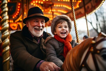 Fototapeta na wymiar Elderly Gentleman and His Grandson Riding a Carousel. AI