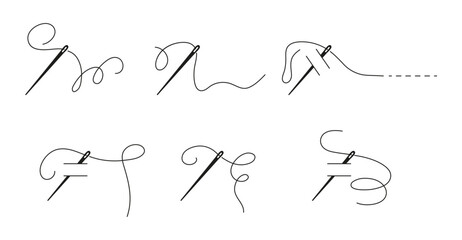 Needle with thread. Sewing needle with thread icon. Silhouette symbol vector illustration in hand drawn.