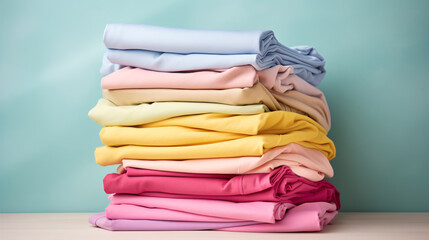 Stack of colorful clothes. Pile of clothing on table empty space background. Laundry and household.