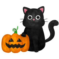 Fototapeta premium black cat with pumpkin. Watercolor painting halloween concept.