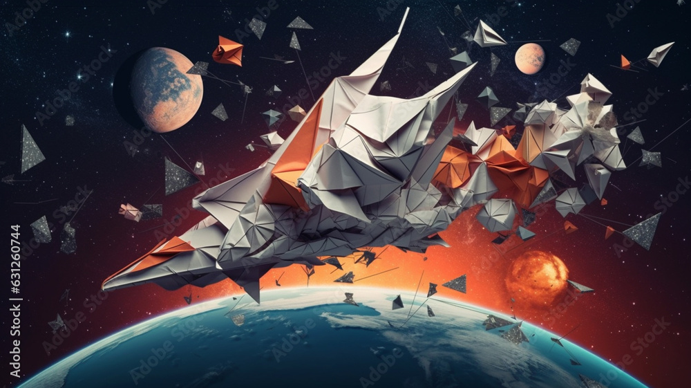 Wall mural flying space with a flying rocket. mixed media, generative ai