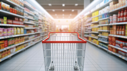 Supermarket aisle with empty shopping cart. Grocery Store with trolley. - obrazy, fototapety, plakaty