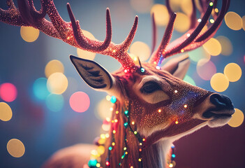 Deer close-up against the background of lights and decorations during Christmas. AI Generated