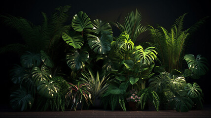 dark room with palm leaves and fern, generative ai