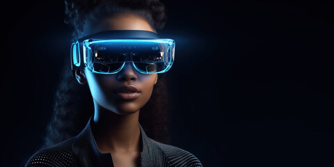 woman dark - skinned wearing VR glasses virtual global world internet connection and a new experience in the future metaverse. Metaverse technology concept: innovation of the futuristic. 