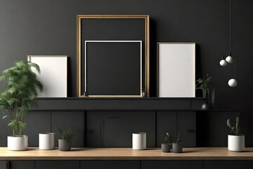 Mockup picture frame on a black wooden cabinet. 3d rendered illustration