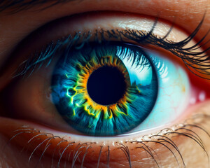 A Colorful Expression: A Close-up of a Human Eye with a Yellow and Orange Detailed Shot with a Multicolored Pupil AI Generative