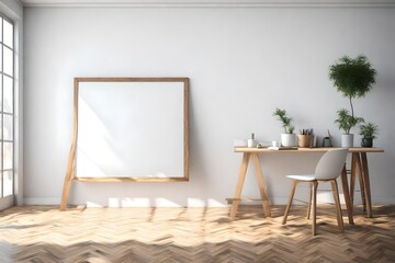 White board In Room With Wooden Floor And White Wall, 3D