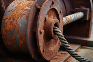 a close-up of a rusty winch that has been used and worn down but is still going strong.