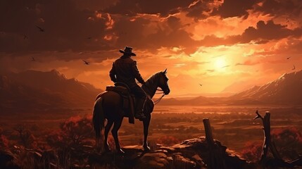 Cowboy on the prairie in hot weather. Sunbeams and a horse in a clearing, a handsome man of 35 years old poses for the camera. Wild West theme. 