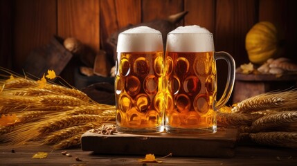 Traditional beer mugs filled to the brim, placed on a rustic table. Generative AI