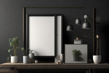 Mockup picture frame on a black wooden cabinet. 3d rendered illustration