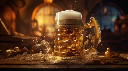A close up view of golden foamy beer in a traditional stein. Generative AI
