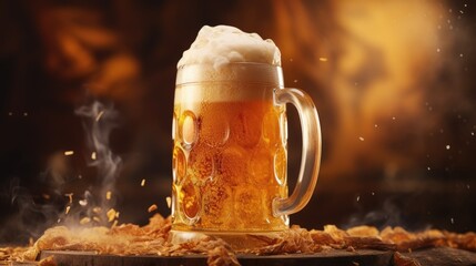 A close up view of golden foamy beer in a traditional stein. Generative AI