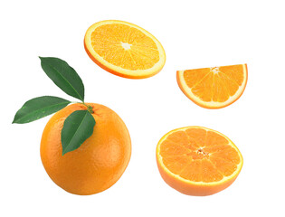 Orange with leaves and three kinds of slices, orange fruit, sliced orange