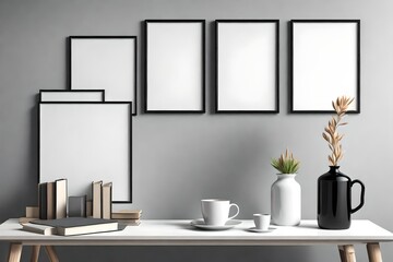 Vertical black picture poster frame mock up. Cup of coffee, books, vase and notebook on white table. Gray wall background. Side view. 3d illustration