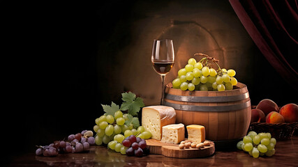 Grapes, cheese, glass of red wine and old wooden barrel. copy space