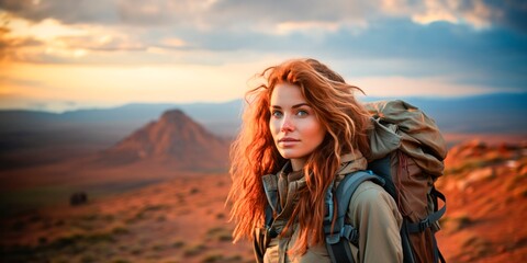 a girl with a backpack is standing in the desert