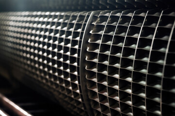A close-up of metal fins on a heat exchanger with steam rising in the background demonstrates the complexity of industrial engineering.