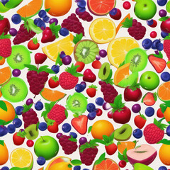 fresh fruit salad on wooden background. Top view.