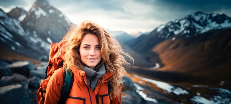 a young woman with backpack is standing on top of a mountain in the snowy landscape