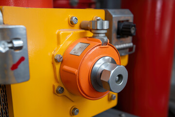 During maintenance, a large piece of industrial equipment is secured with Tagout devices up close.