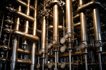 A close-up of the complex system of tubes and valves found in an industrial evaporator used in the production of chemicals and pharmaceuticals.