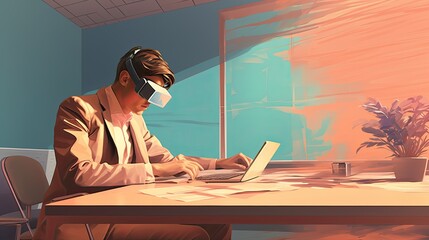 A man clad in modern clothing sits at a sleek desk surrounded by the art of technology, immersed in a virtual reality world of possibility with his laptop as his gateway